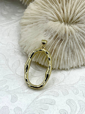High Quality Brass Charm, Oval Charm, Open Oval Charms, Textured O Pendant, Gold plating with bale, Fast Ship