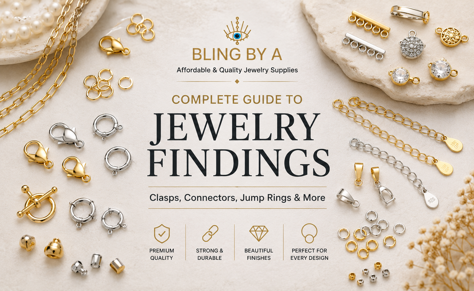 Complete guide to jewelry findings including clasps, connectors, jump rings, bails, and necklace extenders