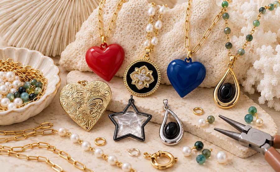 Handmade pendant necklace with chain, pendant, jump rings and jewelry-making tools