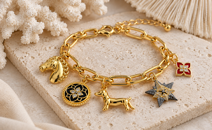 DIY gold charm bracelet featuring horse, dachshund, star, and floral charms on a paperclip chain – how to make a charm bracelet tutorial by Bling By A.