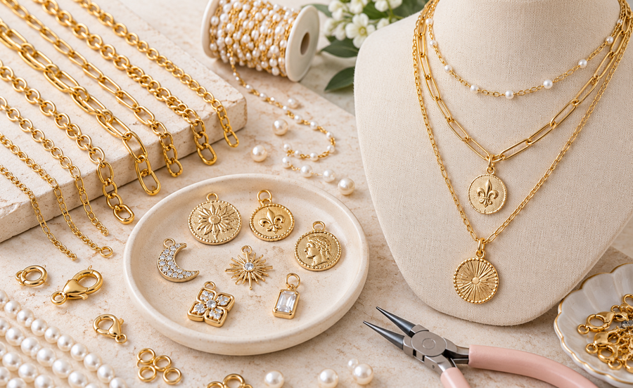 Three layered gold necklaces featuring cable, paperclip and rolo chains with a coin pendant, arranged on a warm cream background for a Bling By A DIY tutorial.
