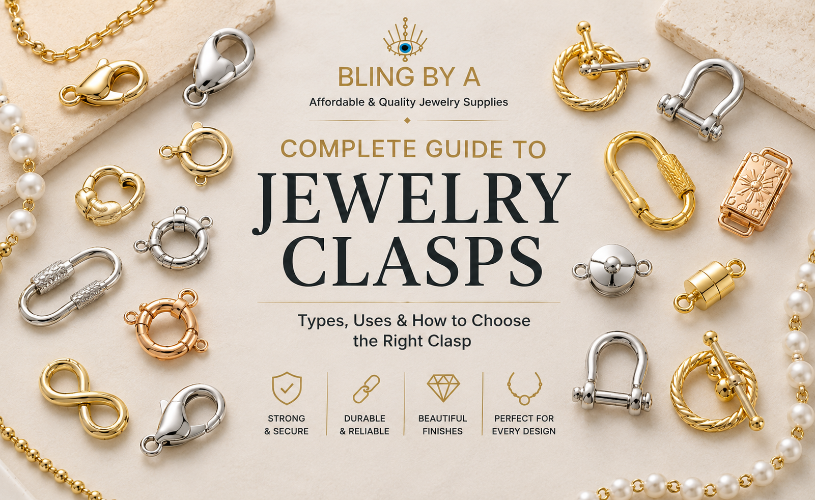 Complete guide to jewelry clasps including lobster, spring gate, toggle, carabiner, screw and shackle clasps