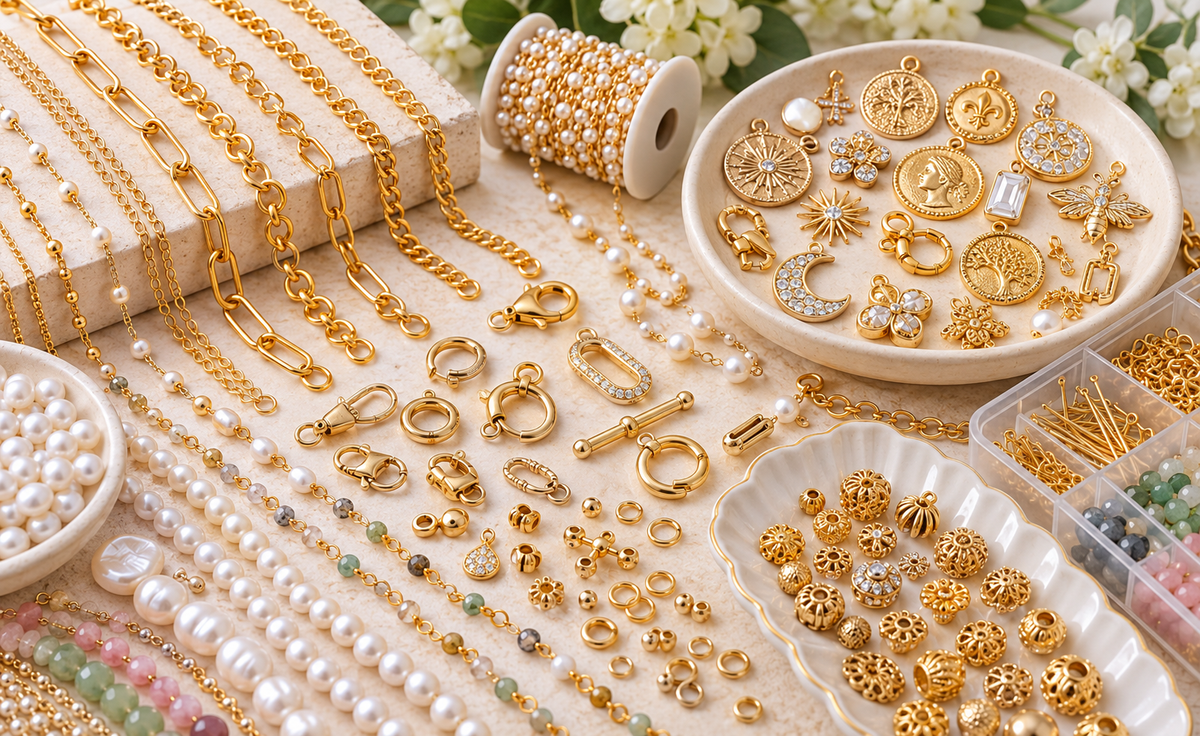 Jewelry making supplies including gold chains, charms, clasps, coin pendants and pearls arranged for a small jewelry business sourcing guide by Bling By A