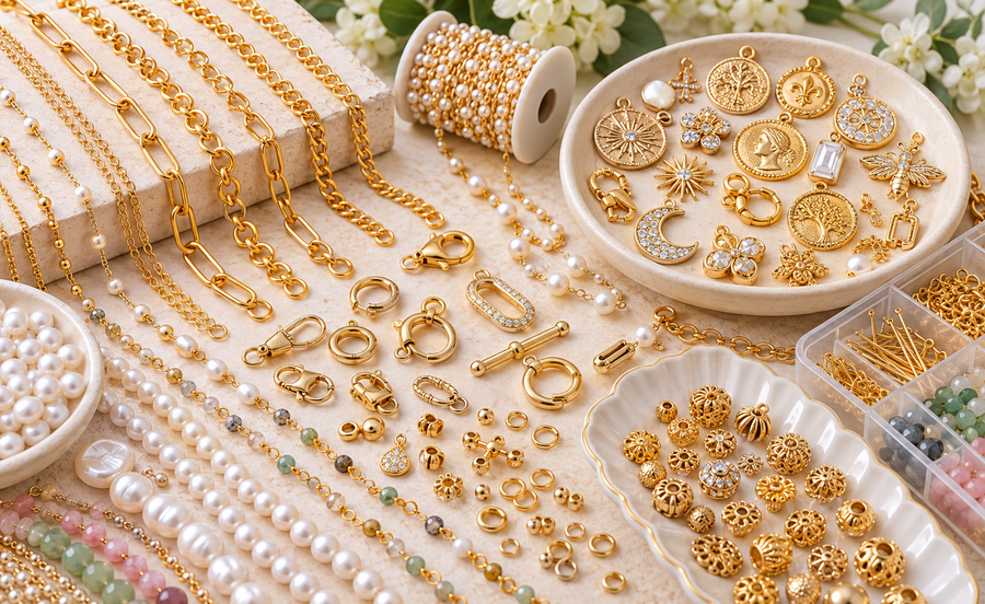 Jewelry making supplies including gold chains, charms, clasps, coin pendants and pearls arranged for a small jewelry business sourcing guide by Bling By A