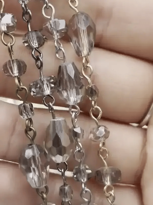 Crystal Transparent Gray mixed shape Rosary,  faceted glass beads, Beaded Chain Gold,Silver or Gunmetal, pin 1 Meter (39 ") Fast Ship