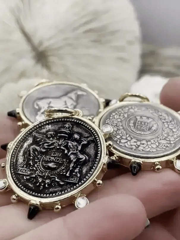 French Horticole De Dison Pendant, Horse Coin Pendant, French Pendant, French Coin, Black Spike and Round CZ  Accents Coin Fast Ship