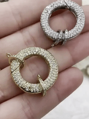 Micro Pave CZ  Quality Brass Spring Clasp, Round Clasp, Easy Open Spring Gate, Gate Clasp, Extender. Gold or Silver, 25mm. Fast Ship