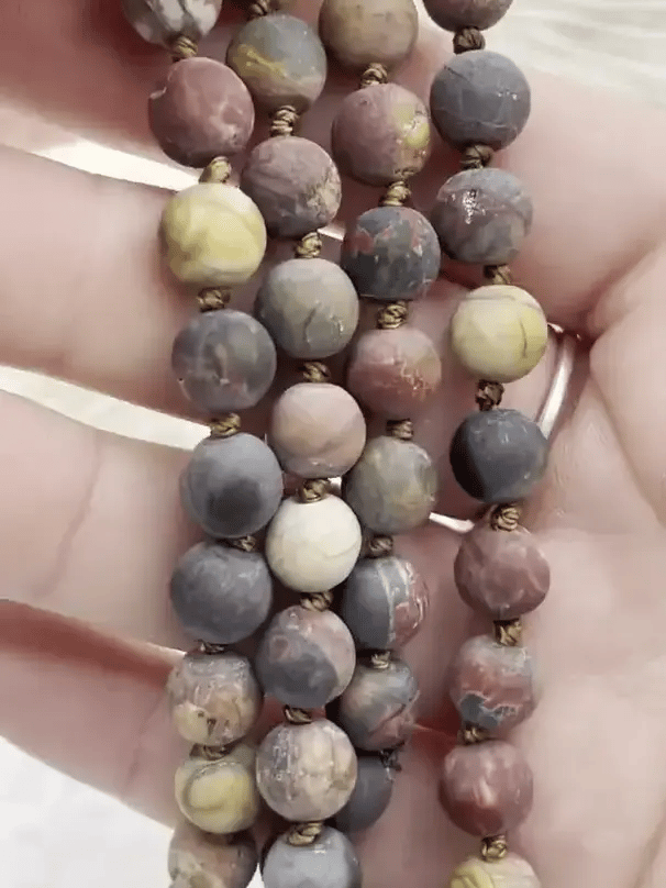 Matte RED CREEK JASPER  Hand Knotted Gemstone Necklace, 36" Natural Stone, 8mm Round matte with brown thread.Fast ship