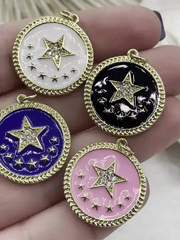 CZ Micro Pave Enamel 8 Star On Round Coin Enamel Pendant Charm Pendant BRASS 4 Colors from the menu.24x22mm Fast Shipping