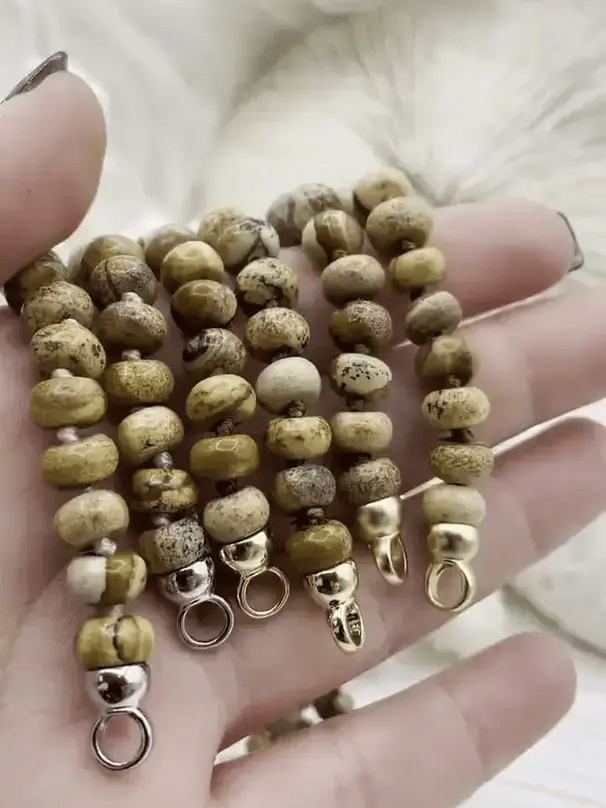 Hand Knotted Rondelle Picture Jasper Necklace, 16.5" Brass Closed Cap Ends, Gold, silver or Matte Gold Caps, Jasper Necklace, Fast Ship