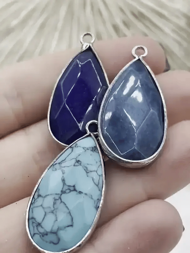 Natural Stone Teardrop Pendant with Wrapped Silver Bezel, Silver plated Brass Bezel, 3 Stone Colors to choose from, Stone Pendant, Fast Ship