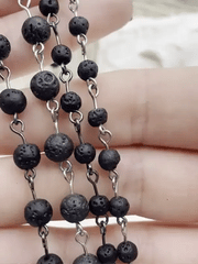 Black lava  Beaded Chain Rosary beads, 6mm and 4 mm  Silver or Gunmetal, pin 1 Meter (39 