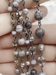 Gemstone Crystal mix Rosary Picasso Jasper Square and Rondelle Crystal Beaded Chain 8mm 6mm Gunmetal or Bronze, pin 1 Meter (39 