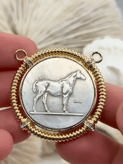 Horse Coin Pendant, Brass Zinc Alloy, Equestrian Art Deco Style (3 Bezel Colors)