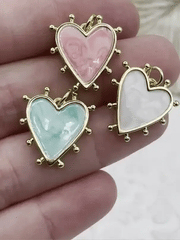 Heart Shaped Enamel and Gold Spike Pendants, Enamel and Gold Plated Brass, 3 Colors, Pink, Blue, or White, 20mm x 18mm x 2.5mm. Fast Ship.