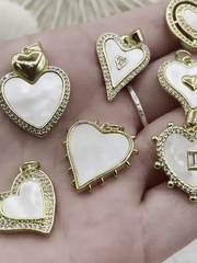 Mother of Pearl Heart CZ Charms, 9 styles, Gold Plated Brass Heart Charms, MOP Charms, Cubic Zirconia, Brass Mother of Pearl, Fast Ship