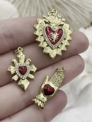 Gold and Red Plated Brass Heart CZ Charms, 3 styles, High Quality Heart Charms, Hand and Heart Red Heart Charms. Fast Ship