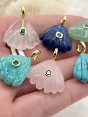 Shell Shaped Gemstone Pendants and Charms with CZ. 6 Stone Types/Styles, Gold Bale, 25mm x 22mm x 7.5mm, Natural Stones w/CZ, Fast Shipping