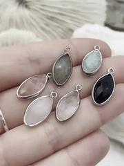 Natural Stone Marquise Shaped Stone Charm with Wrapped Silver Bezel, Brass Bezel, 6 Stone Styles to choose from, Stone Pendant, Fast Ship