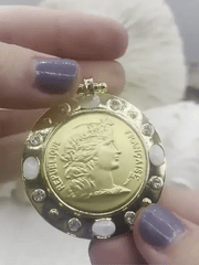 RÉPUBLIQUE FRANÇAISE Gold Coin Pendant, Reproduction French Pendant, Coin Bezel cz-Mother of Pearl, BBA Original, 3 Bezel colors Fast Ship