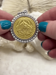 Gold Horse Coin Pendant with Textured Pearl Bezel, Horse Coins with Pearl Bezel, Horse Pendant, Gold or Rhodium Textured Bezel, Fast Ship