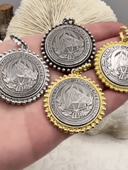 Silver Horse coin, Horse Pendant with Textured Bezel, 4 Bezel Finishes, Brass coin, Zinc Alloy Bezel with Jump Ring, Fast Ship