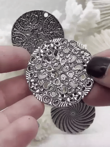 Flat Round Filigree Stamped Metal Pendant Medallion Pendant,  4 styles, 42mm, 39mm, 34mm, 21mm Antique Silver . Fast Ship