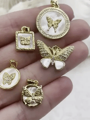 Mother of Pearl Butterfly CZ Charms, 5 styles, Gold Plated Brass Butterfly Charms, MOP Charms, Cubic Zirconia, Mother of Pearl, Fast Ship