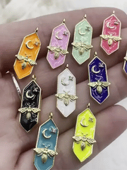 Colorful Enamel and Gold Pendants with CZ, Gold Bee and Moon Charm, 10 Colors, Enamel and Gold Plated Brass Pendants, Fast Ship.