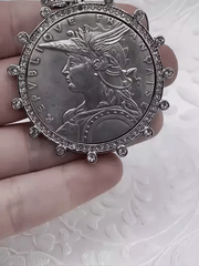 Reproduction French Madagascar Medal Coin Pendant, Bezel, French coin, Art Deco Coin, Antique Coin Bezel W/Cubic Zirconia. Fast Ship