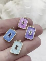 Rectangle Enamel and Gold Pendants with Colorful CZ Center stone, Enamel and Gold Plated Brass, 4 Colors, 15mm x 10mm x 2mm. Fast Ship.