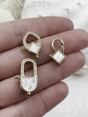 Clear Micro Pave CZ Lobster Claw Clasps Shiny Gold with Clear Cubic Zirconia and Mother of Pearl. 3 styles/sizes, gold clasps, Fast Shipping