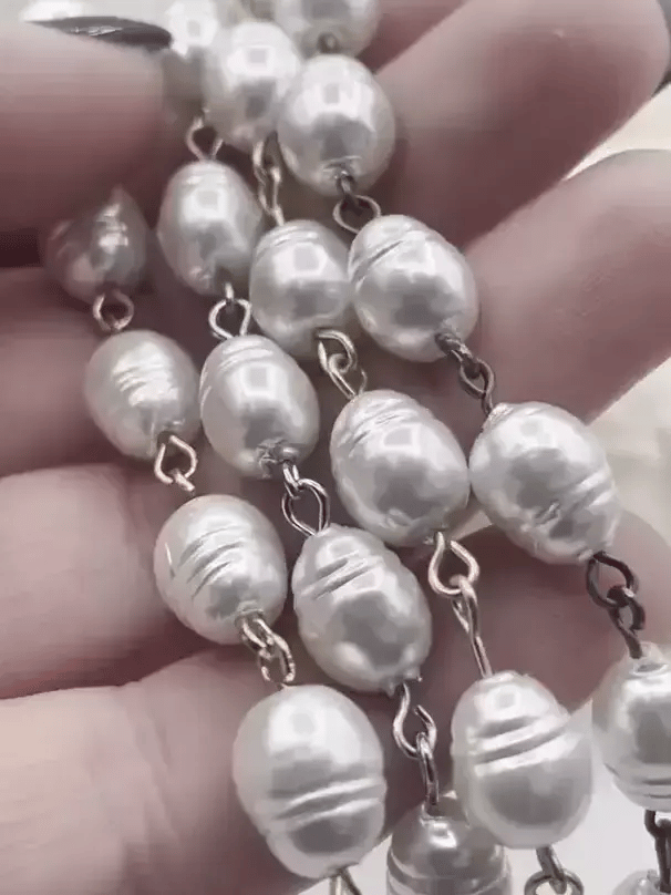Vintage Porcelain Glass Pearl Replica Freshwater Potato Shape Beaded Chain, 10mm Rosary Chain, Potato Pearl  by the Foot Fast Shipping