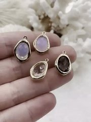 Gold Trimmed Crystal  Drop Pendants, Gold Trimmed Charms. Gold plated bezel, 4 styles, clear, grey, cream, and pink. Fast Ship