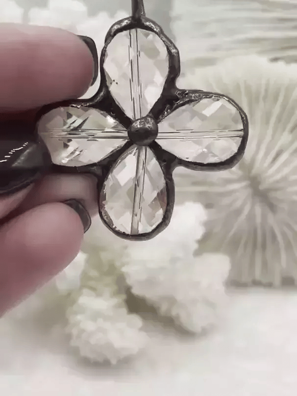 Faceted Crystal Gunmetal Soldered Flower Pendant. Soldered Crystals flowers 2 sizes  52mm x 50mm x 11mm & 43mm x 39mm x 8mm. Fast Shipping