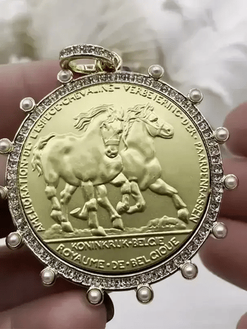 Belgium Hainaut Horse Coin Pendant,Silver Coin, Double Horse Coin, French coin, Cubic Zirconia and Pearl Accents, 2 Styles. Fast Ship