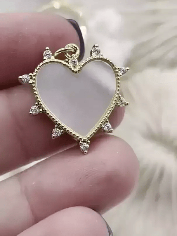 Mother of Pearl Spike Heart CZ Charm, Cubic Zirconia charm, MOP Charms, Brass Mother of Pearl, 4 finishes available, Fast Ship