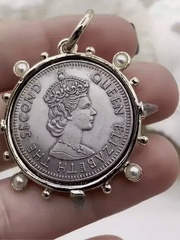 Queen Elizabeth II Coin Pendant, Queen Elizabeth II Coin with Bezel,Royal Coin Pendant,Queen Coin Aqua CZ and Pearl Accents Fast Ship