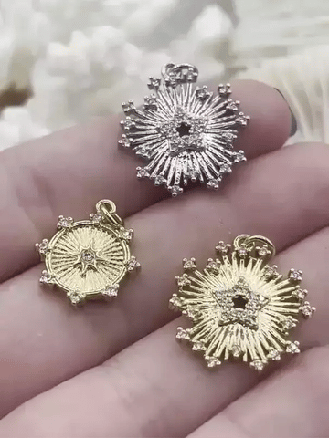 Radial Five Star Charm, CZ Micro PAVE Gold Medallion, Charm, Star Charm, Star Pendant, 20mm, Brass, Gold or silver Fast Ship
