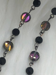 Faceted Crystal AB Black and Gold Iridescent Flat Round mixed Size Rosary, Glass Beads, Beaded Chain Gun Pin, Sold by the Foot, 2 styles