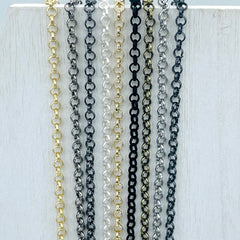 Brass Cable Rolo Chain Oval sold by the foot. 3.9mm x 1mm x .5mm. Small Size Rolo Chain Electroplated , 9 finishes available. Fast ship
