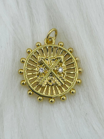 High Quality Brass Charm, Gold Round Coin Evil Eye on Disc Pendant, Embossment Brass Pendant, Cross, Arrows, Horse or Eye, Fast Ship