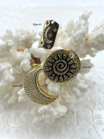 CZ Micro Pave Moon and Sun Pendant BRASS Gold Color Charm Pendants, Three Styles to choose from , Pick Choice From Menu Fast Shipping