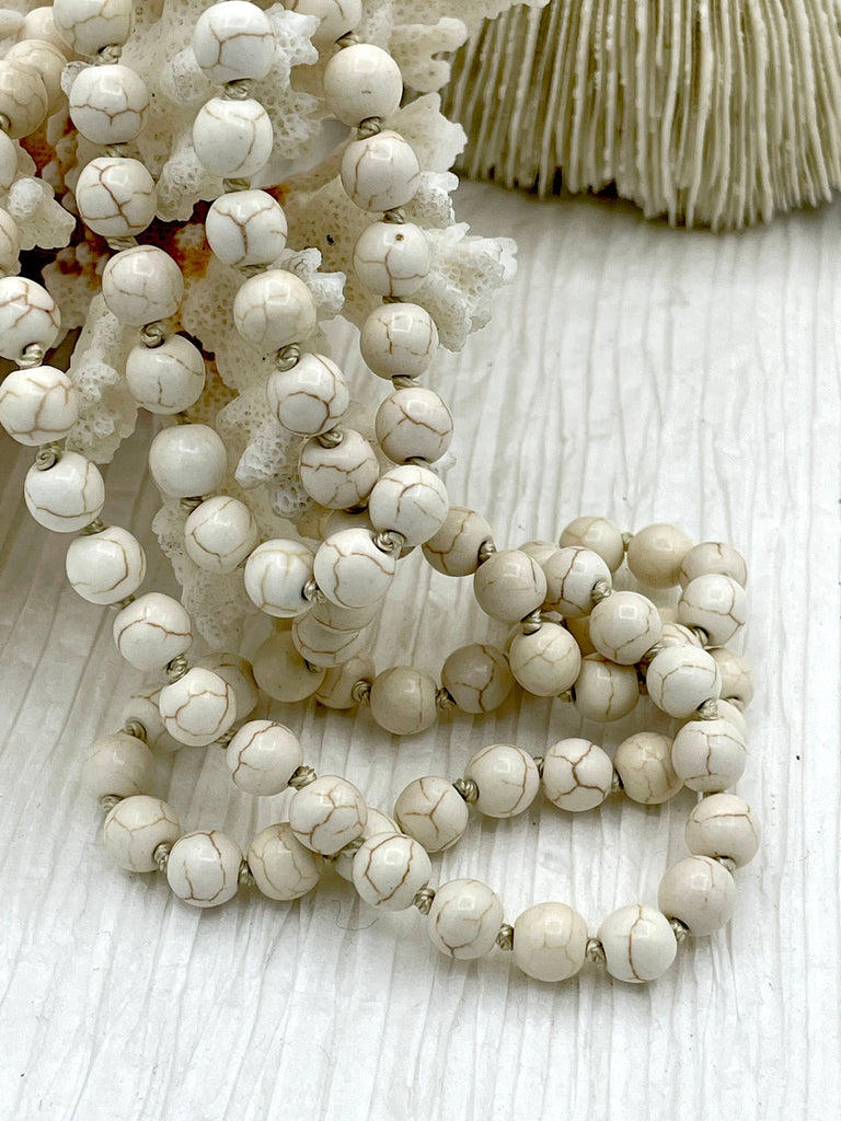 WHITE HOWLITE Hand Knotted Necklace, 36" HOWLITE, 8mm Round with Cream Thread. Fast ship