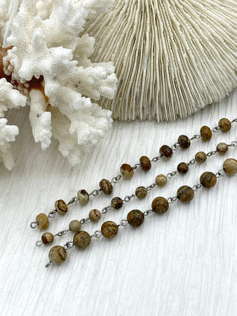 PICTURE JASPER GEMSTONE 1 meter (39") Rosary Chain, Beaded Chain, Bronze, Silver 4mm, 6mm ,8mm round & 6x8mm Rondelle beads. Fast Ship