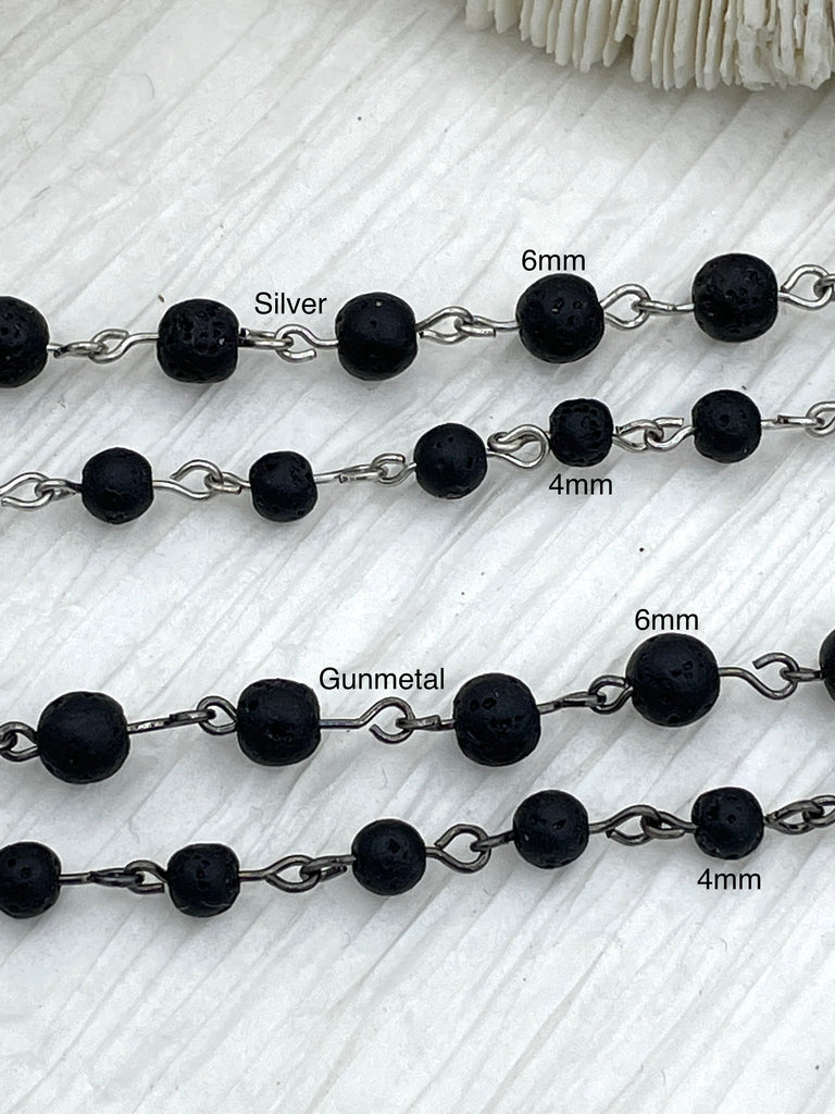 Black lava Beaded Chain Rosary beads, 6mm and 4 mm Silver or Gunmetal, pin 1 Meter (39 ") Fast Ship WHOLESALE