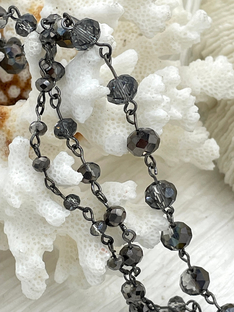 Smokey Grey Crystal Rondelle Rosary Beaded Chain, 8mm and 6mm Faceted glass beads, Available with gold or gunmetal, pin 1 Meter (39 ")