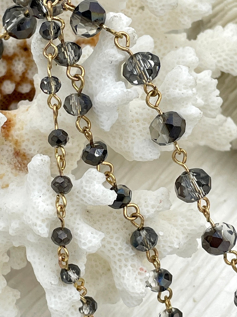 Smokey Grey Crystal Rondelle Rosary Beaded Chain, 8mm and 6mm Faceted glass beads, Available with gold or gunmetal, pin 1 Meter (39 ")
