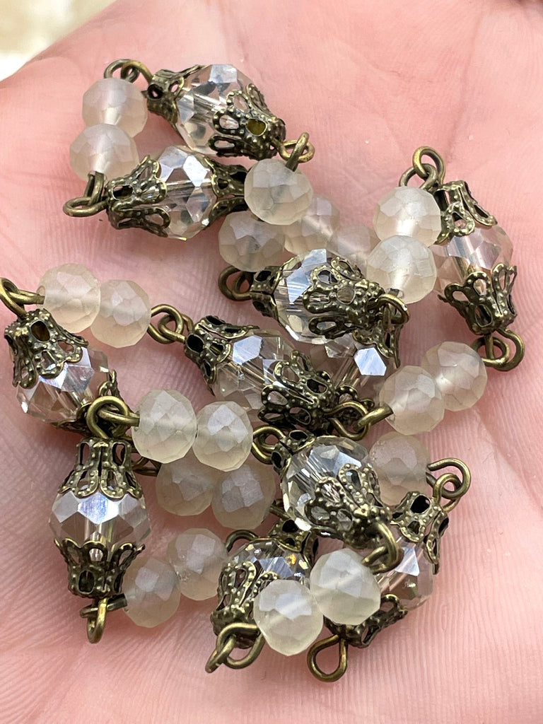 Mixed Crystal W/Decorative Caps Clear and Beige Rosary Chain, Round & Rondelle mix. Mixed 8mm and 6mm with Bronze pin, by the foot