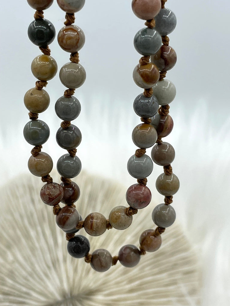 AMERICAN PICTURE JASPER Hand Knotted Gemstone Necklace, 36" Natural Stone, 6mm or 8mm Round Polished with brown thread.Fast ship